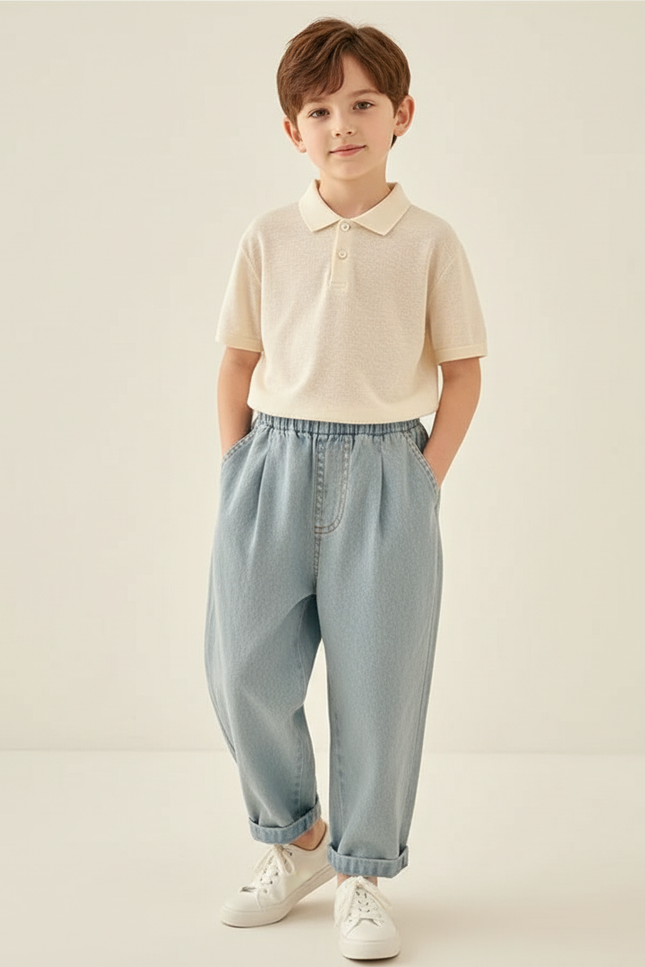 Pantalon Baggy Denim Lavé Ample Décontracté Garçon - Bleu Jean