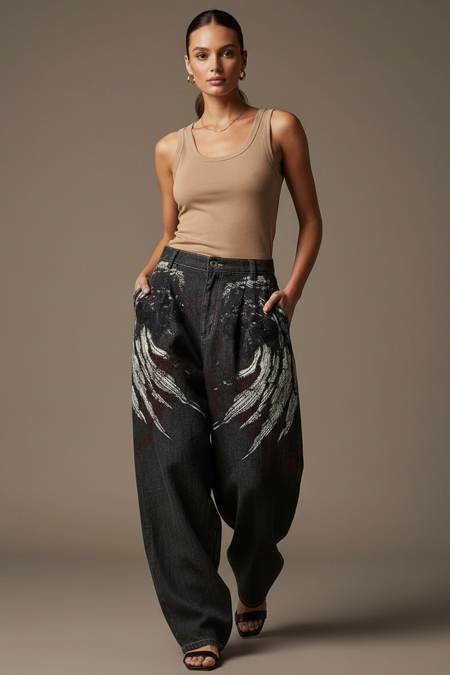 Pantalon Baggy Jean Gris Imprimé Ample Streetwear