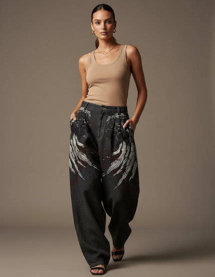 Pantalon Baggy Jean Gris Imprimé Ample Streetwear