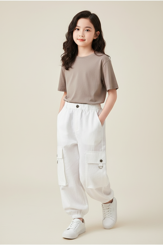 Pantalon Baggy Blanc Cargo Ample Enfants Streetwear - Toile