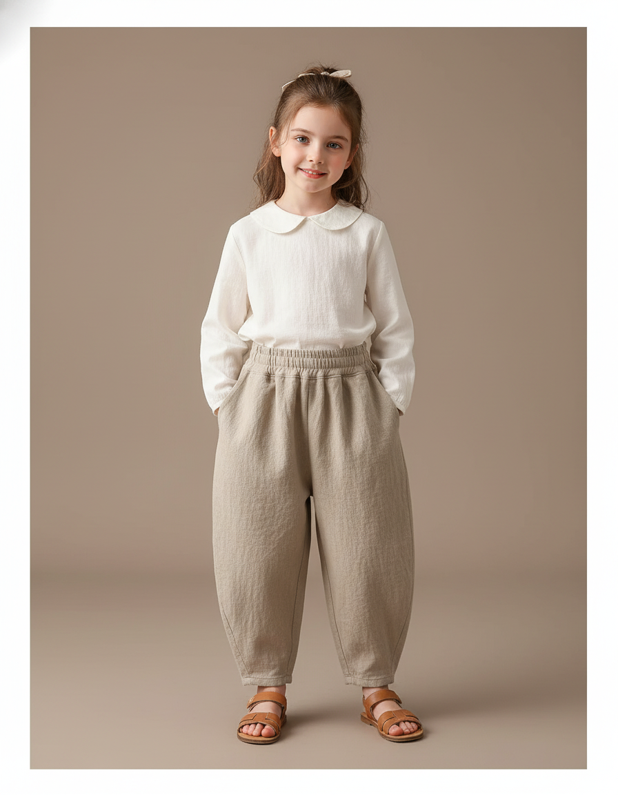 Pantalon Baggy Lin Ample Beige Confortable Enfant