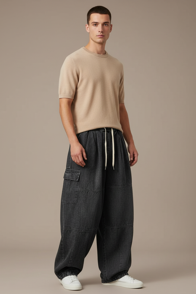 Pantalon Baggy Noir Cargo Ample Décontracté Homme - Jean