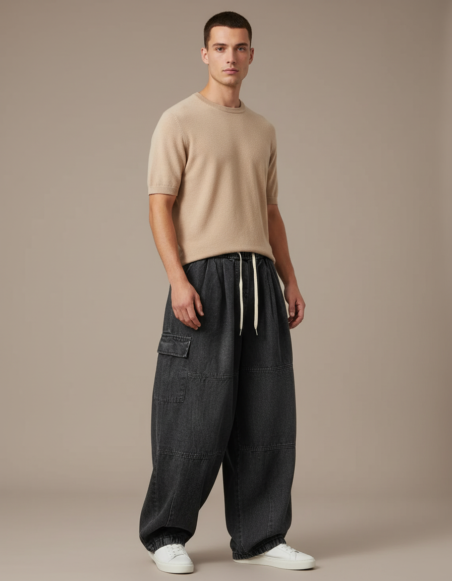 Pantalon Baggy Noir Cargo Ample Décontracté Homme - Jean