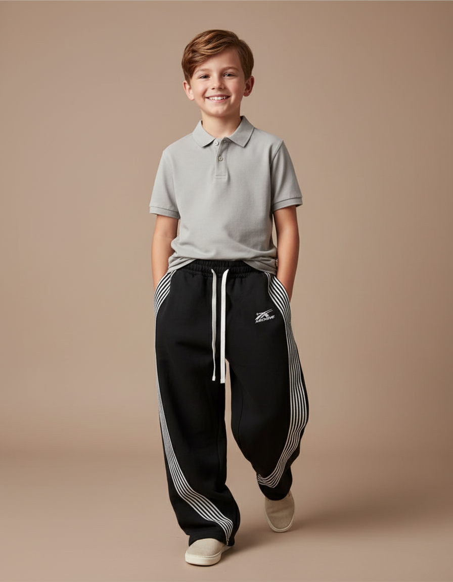 Pantalon Baggy Noir Rayures Blanches Sport Décontracté Enfant - Molleton