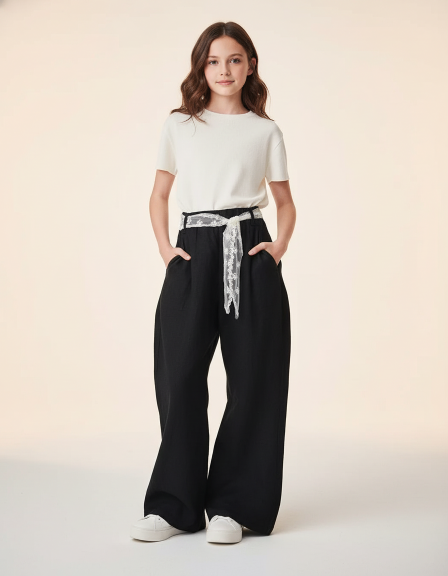 Pantalon Baggy Noir Ample Dentelle Fluide Enfant - Viscose