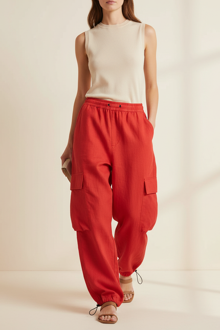 Pantalon Baggy Rouge Cargo Ample Cordon Fluide - Lin