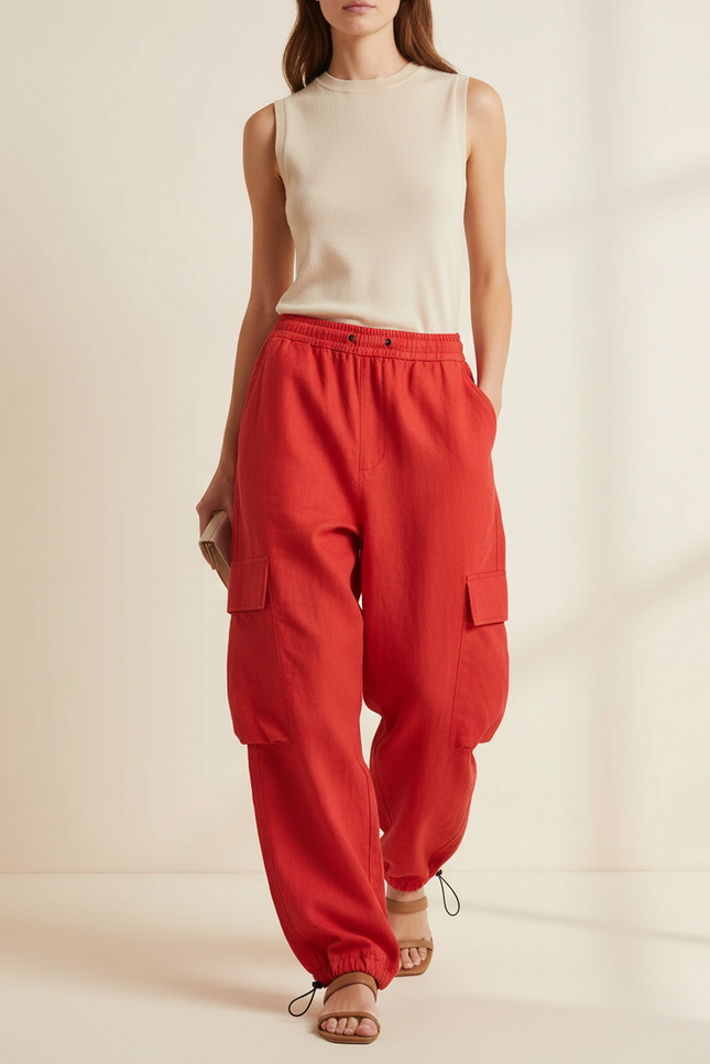 Pantalon Baggy Rouge Cargo Ample Cordon Fluide - Lin
