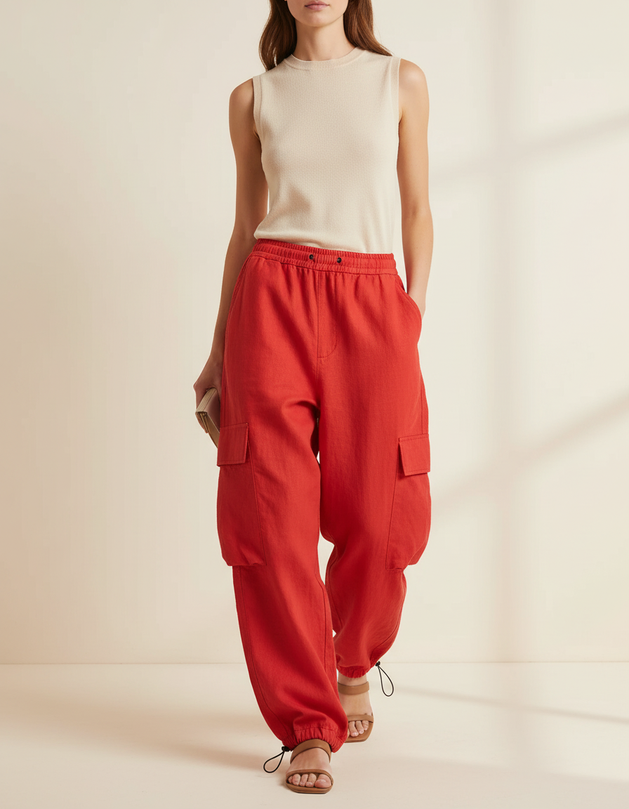 Pantalon Baggy Rouge Cargo Ample Cordon Fluide - Lin