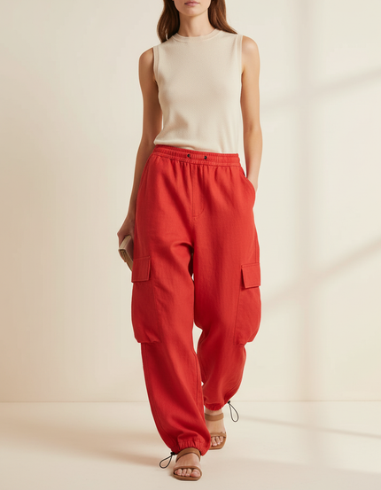 Pantalon Baggy Rouge Cargo Ample Cordon Fluide - Lin