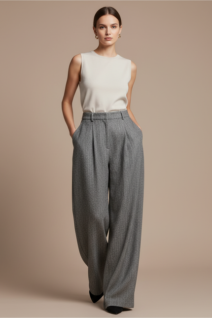 Pantalon Baggy Gris Tweed Large Taille Haute Élégant
