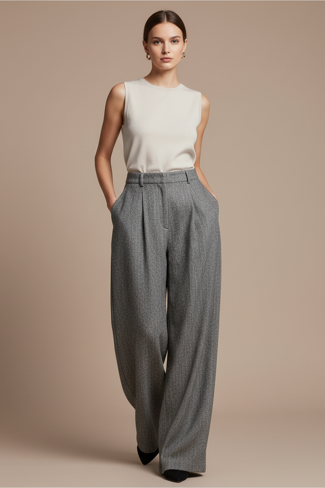 Pantalon Baggy Gris Tweed Large Taille Haute Élégant
