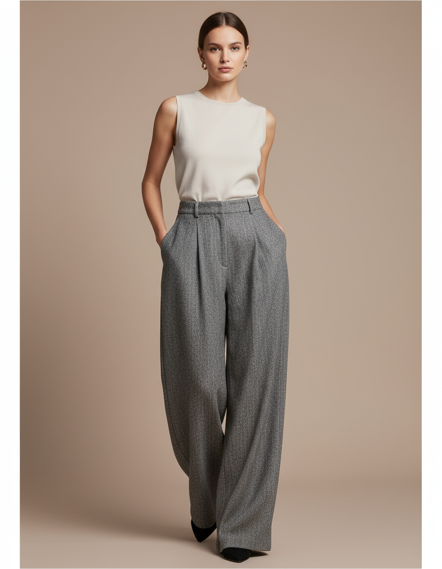 Pantalon Baggy Gris Tweed Large Taille Haute Élégant