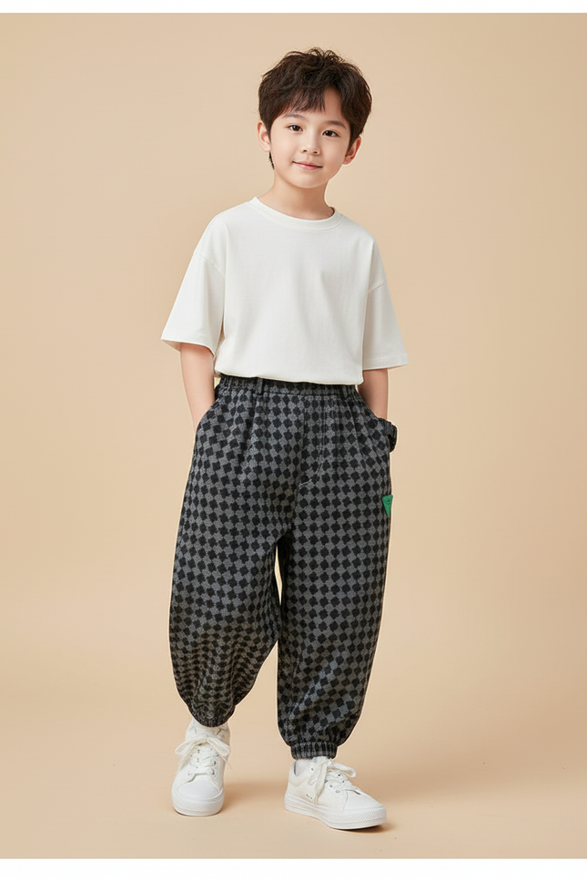 Pantalon Baggy Carreaux Noir Gris Ample Garçon Décontracté - Imprimé Molleton