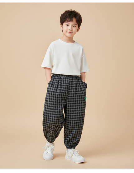 Pantalon Baggy Carreaux Noir Gris Ample Garçon Décontracté - Imprimé Molleton