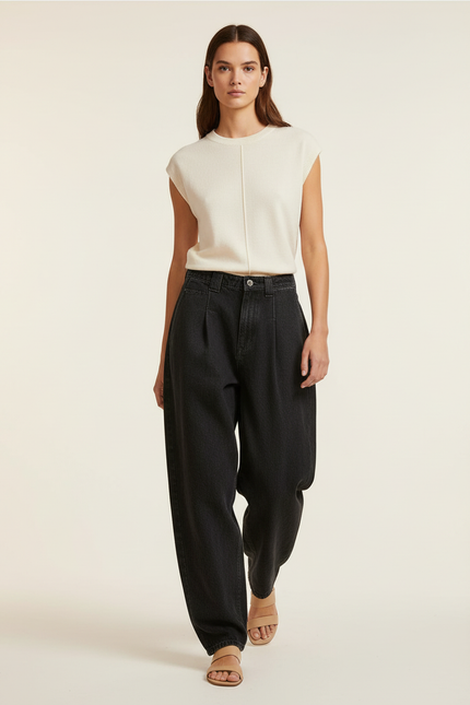 Pantalon Baggy Noir Ample Taille Haute Décontracté Femme - Jean
