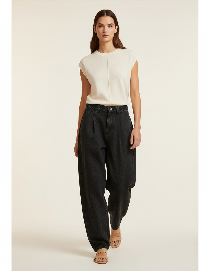 Pantalon Baggy Noir Ample Taille Haute Décontracté Femme - Jean