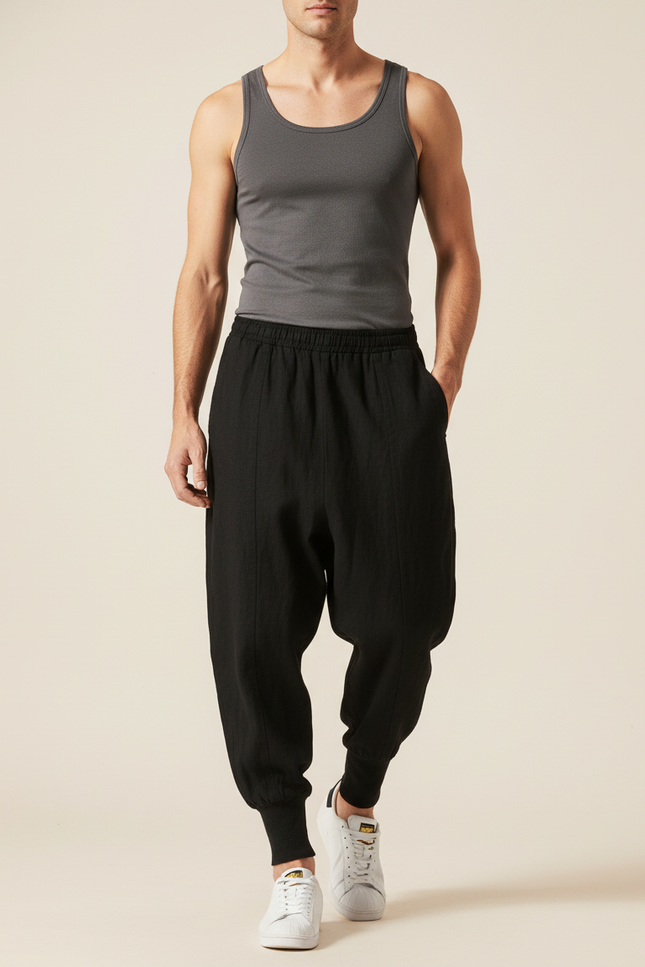 Pantalon Baggy Noir Lin Ample Streetwear Décontracté