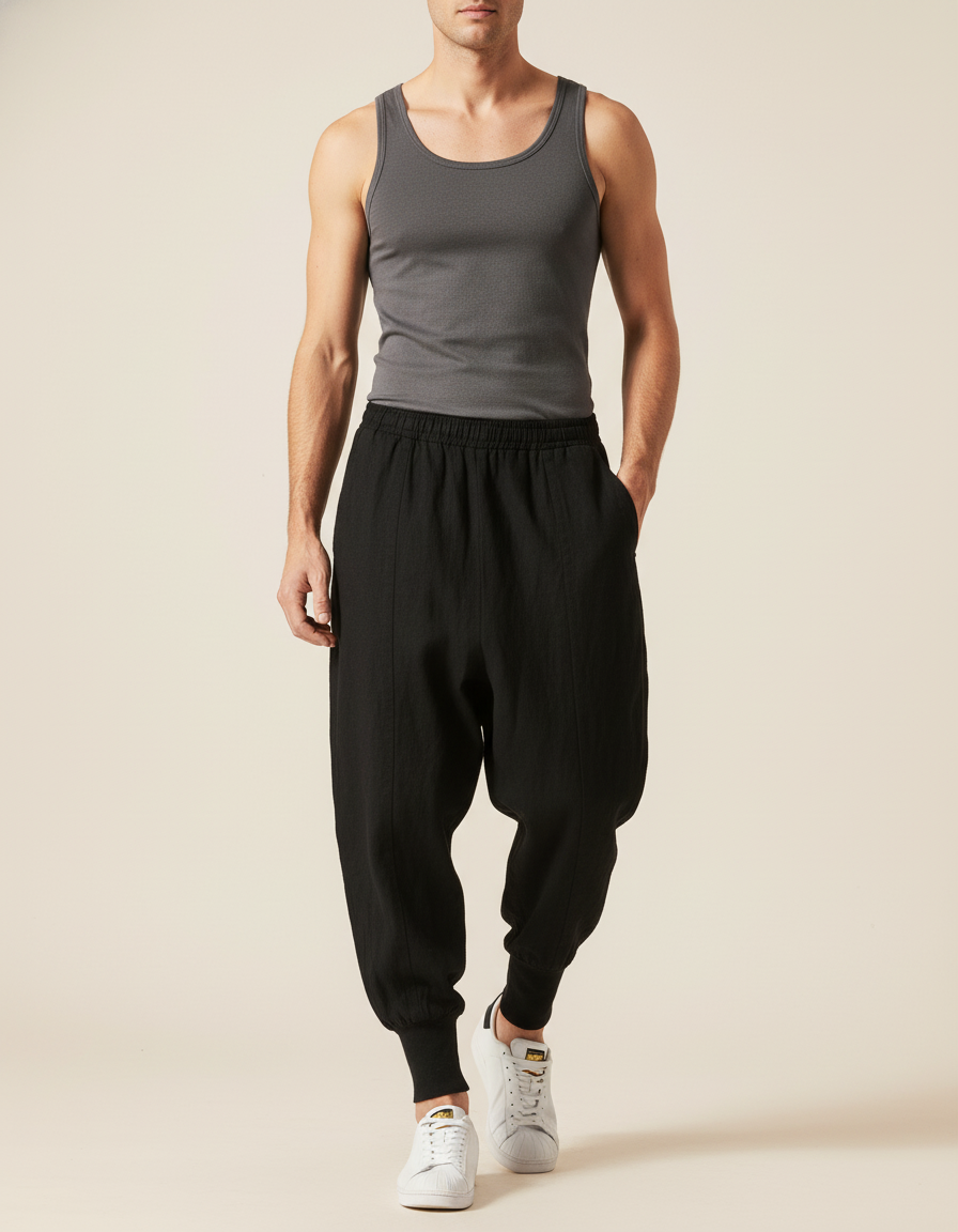Pantalon Baggy Noir Lin Ample Streetwear Décontracté