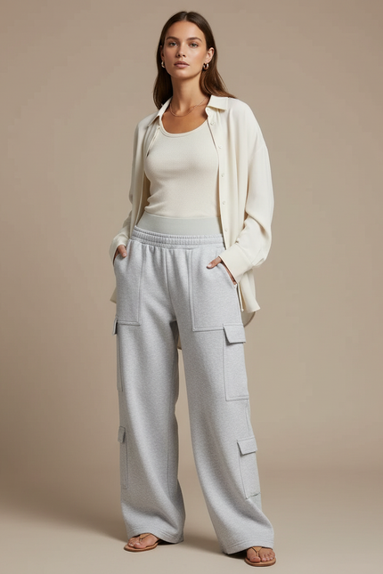 Pantalon Baggy Gris Molleton Cargo Ample Décontracté
