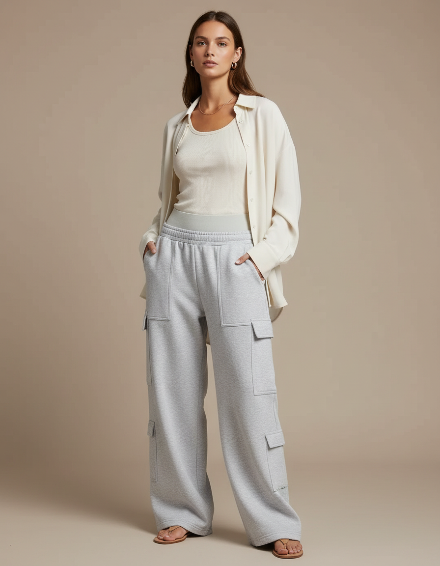 Pantalon Baggy Gris Molleton Cargo Ample Décontracté