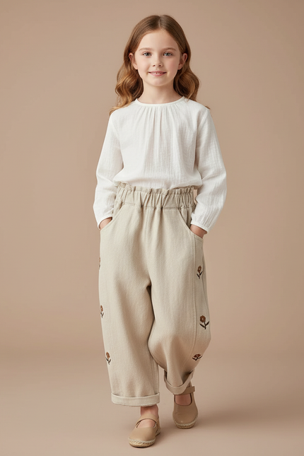 Pantalon Baggy Beige Brodé Coton Ample Enfant