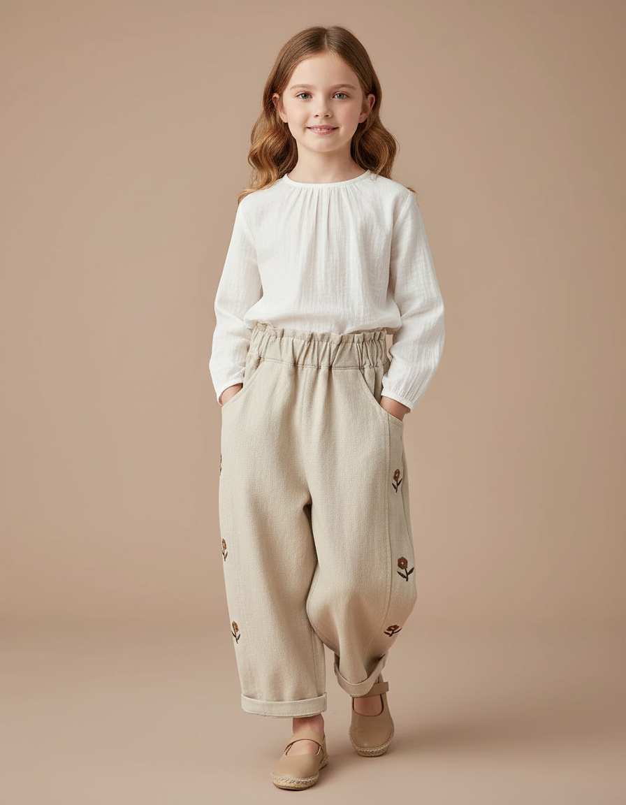 Pantalon Baggy Beige Brodé Coton Ample Enfant