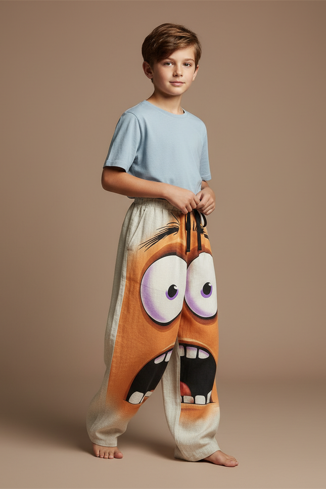 Pantalon Baggy Beige Ample Imprimé Visage Enfant - Multicolore Lin