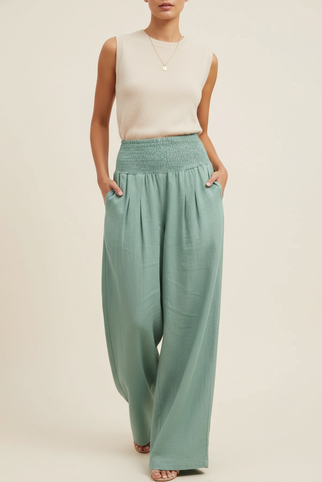 Pantalon Baggy Vert Menthe Ample Smocké Fluide - Lin