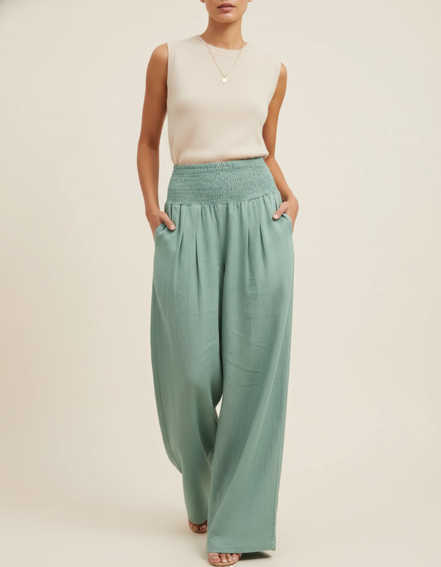 Pantalon Baggy Vert Menthe Ample Smocké Fluide - Lin