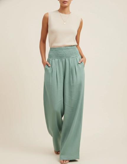 Pantalon Baggy Vert Menthe Ample Smocké Fluide - Lin