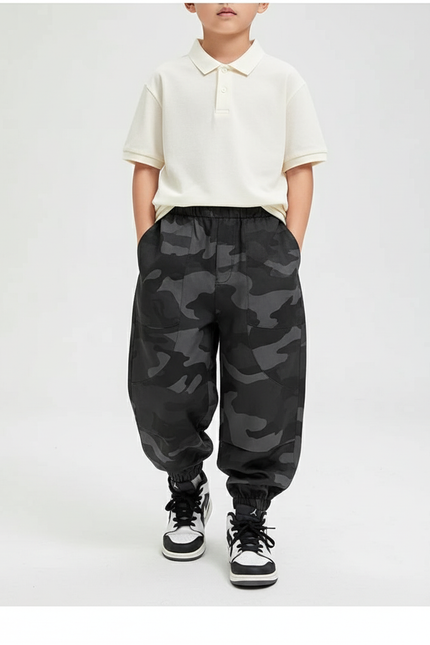 Pantalon Baggy Camouflage Noir Ample Décontracté Enfant - Polyester