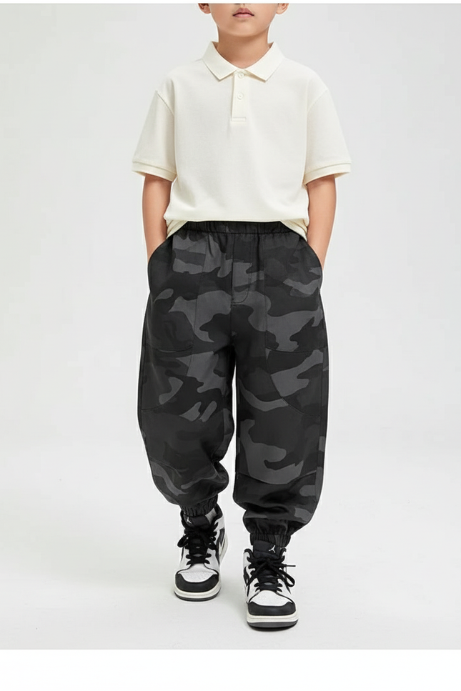 Pantalon Baggy Camouflage Noir Ample Décontracté Enfant - Polyester
