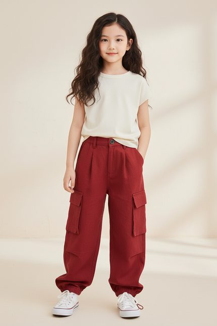 Pantalon Baggy Rouge Cargo Ample Fille Décontracté - Bordeaux Lin