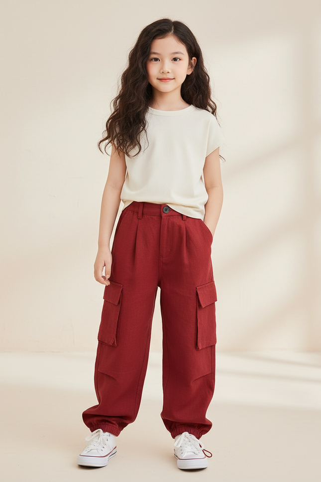 Pantalon Baggy Rouge Cargo Ample Fille Décontracté - Bordeaux Lin