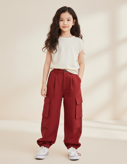 Pantalon Baggy Rouge Cargo Ample Fille Décontracté - Bordeaux Lin