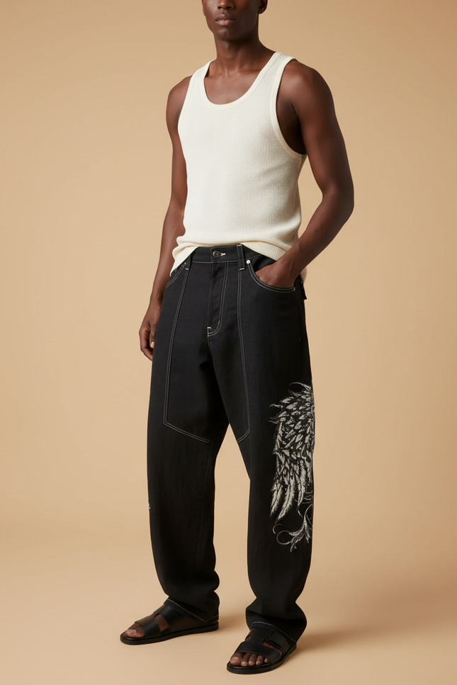 Pantalon Baggy Noir Ample Brodé Décontracté Homme - Jean