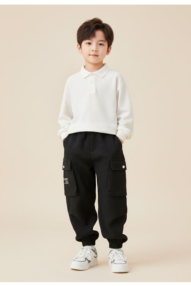 Pantalon Baggy Noir Cargo Décontracté Enfant Garçon - Molleton