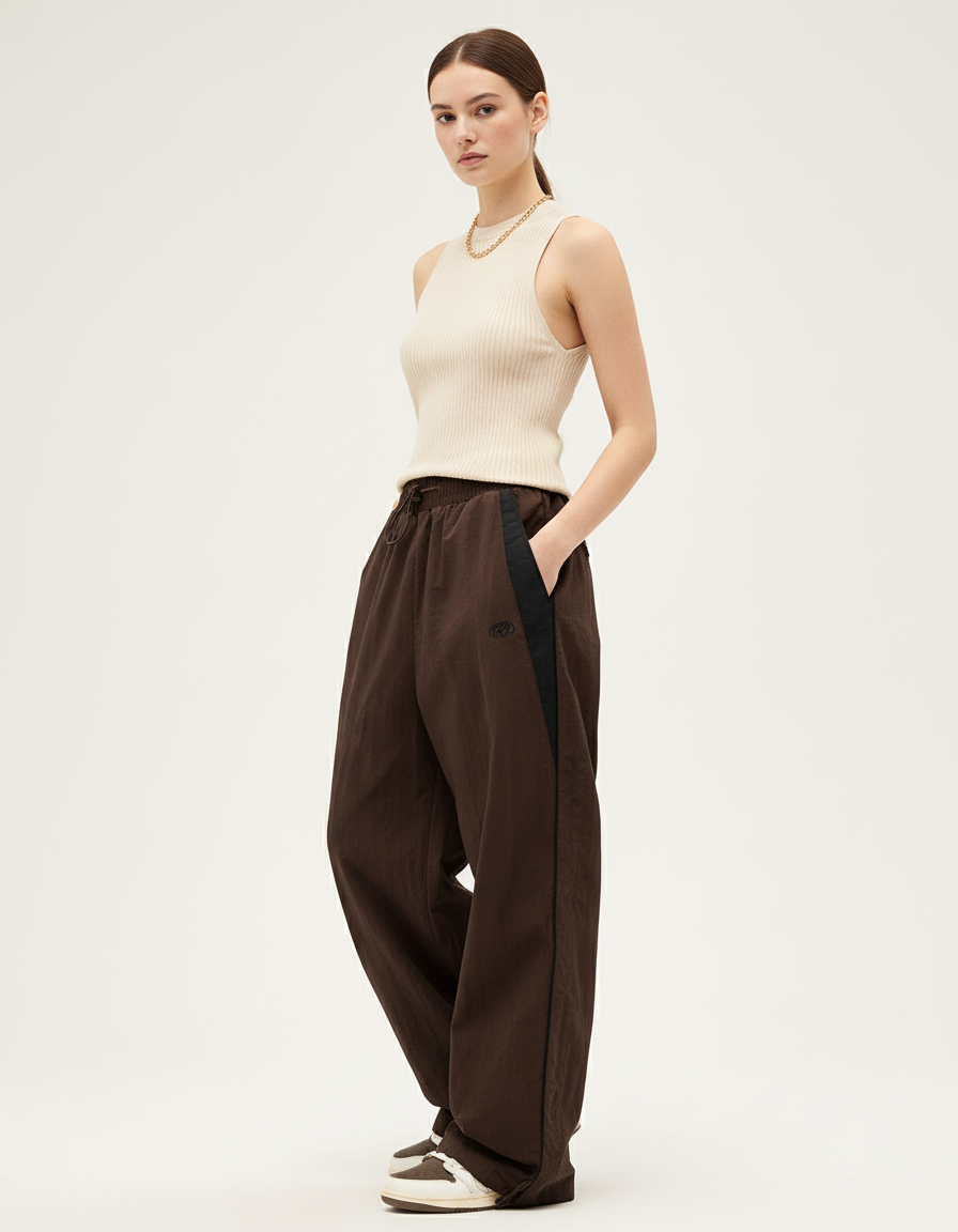 Pantalon Baggy Marron Ample Fluide Sport Décontracté - Polyester