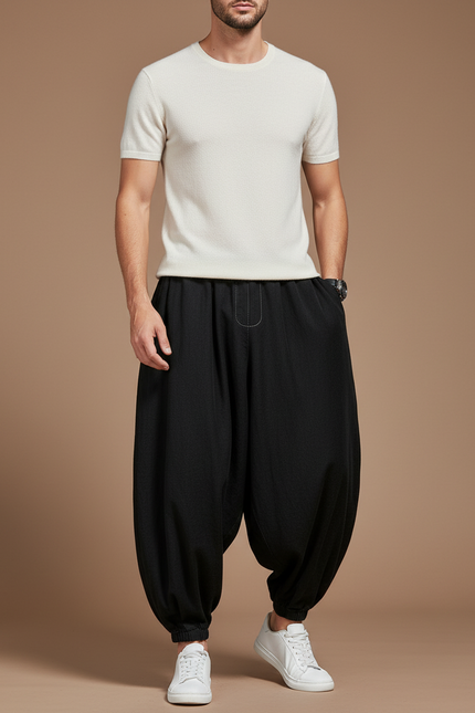 Pantalon Baggy Noir Lin Ample Harem Homme
