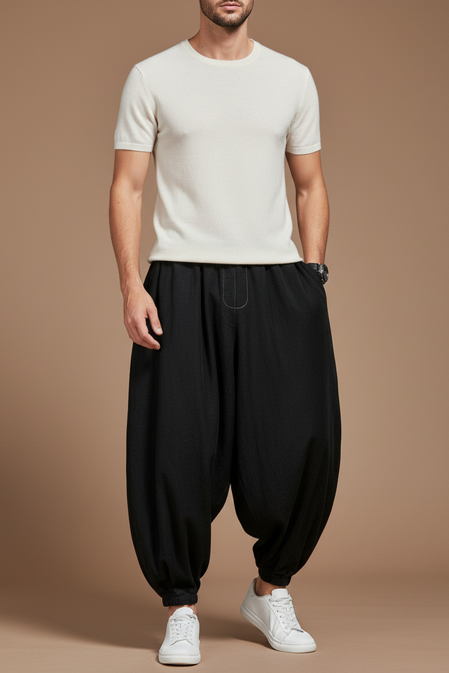 Pantalon Baggy Noir Lin Ample Harem Homme