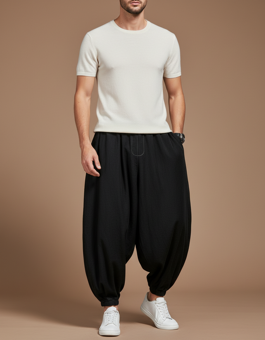Pantalon Baggy Noir Lin Ample Harem Homme