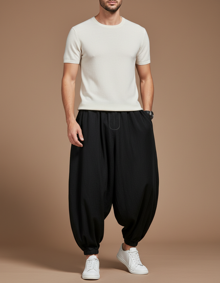 Pantalon Baggy Noir Lin Ample Harem Homme