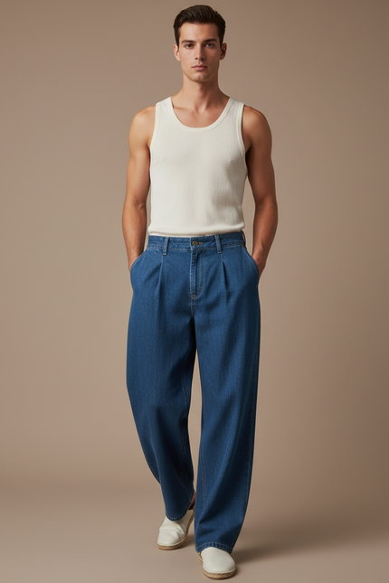 Pantalon Baggy Jean Bleu Ample Plissé Décontracté Homme