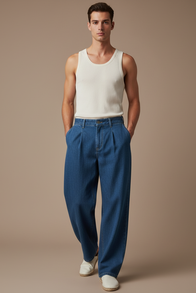 Pantalon Baggy Jean Bleu Ample Plissé Décontracté Homme