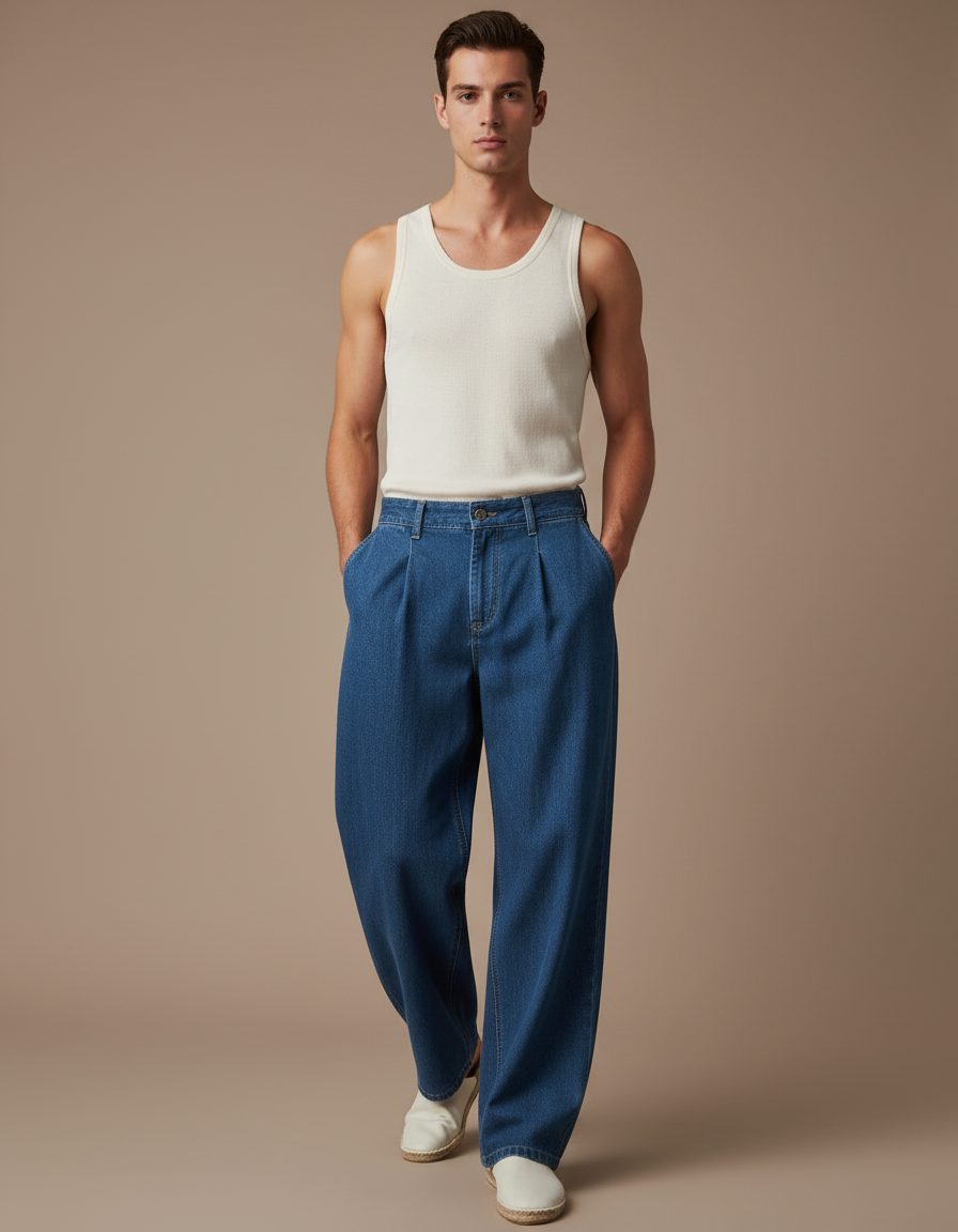Pantalon Baggy Jean Bleu Ample Plissé Décontracté Homme