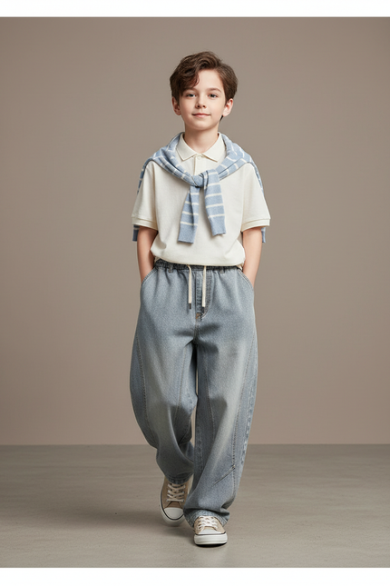 Pantalon Baggy Bleu Jean Ample Enfant Décontracté Cordon