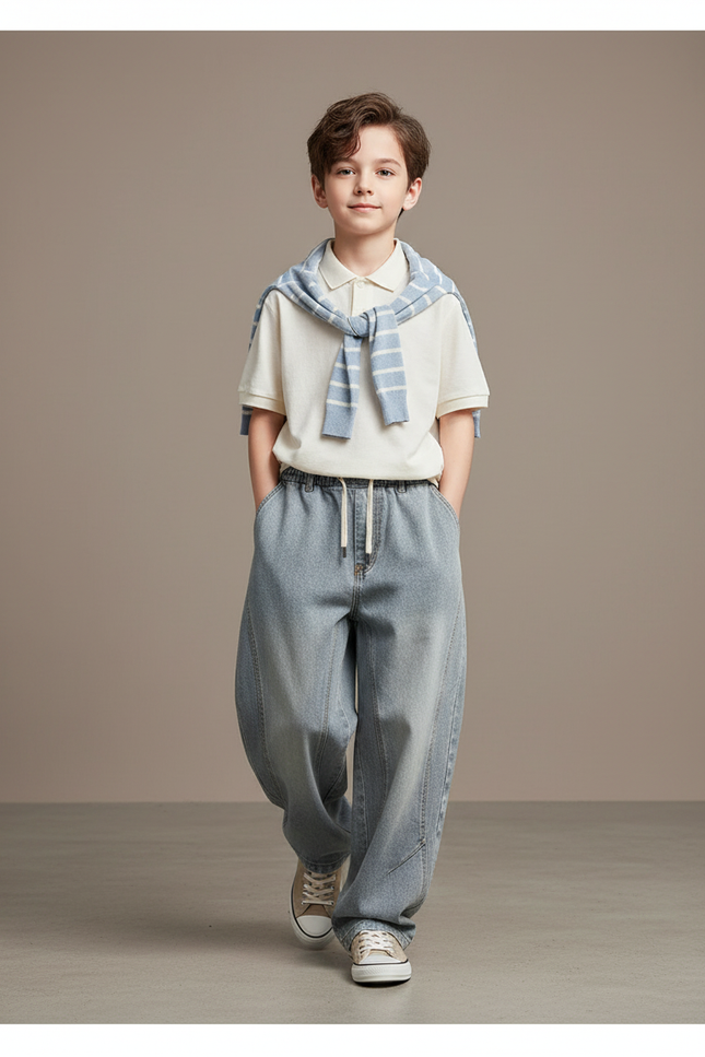 Pantalon Baggy Bleu Jean Ample Enfant Décontracté Cordon
