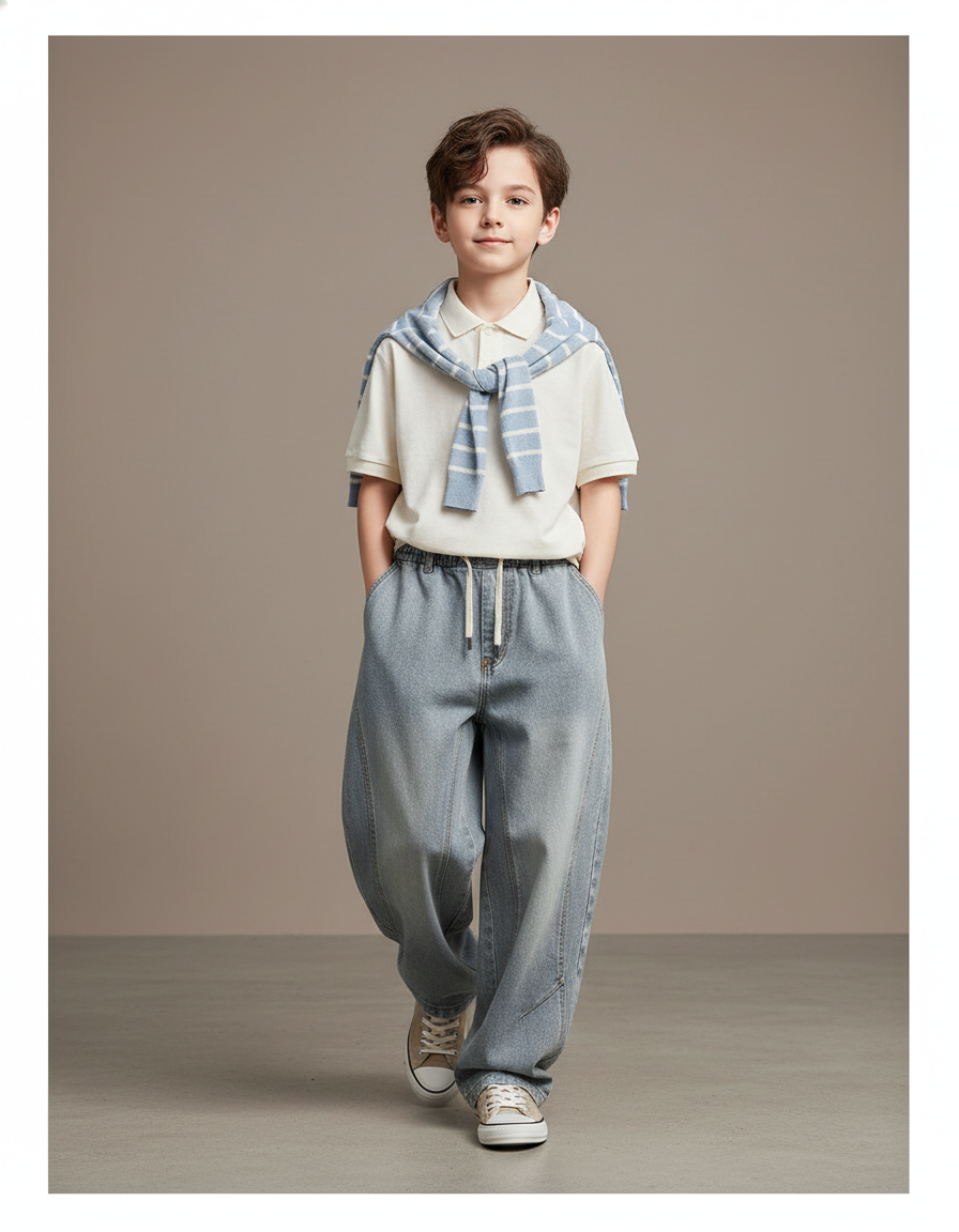 Pantalon Baggy Bleu Jean Ample Enfant Décontracté Cordon