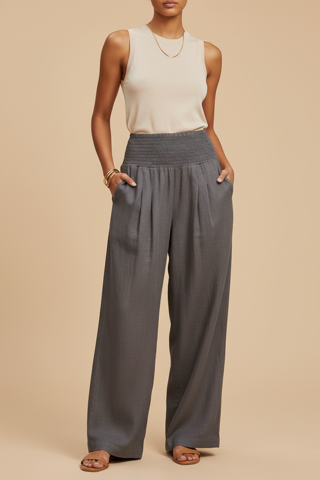Pantalon Baggy Gris Ample Smocké Fluide Femme - Lin