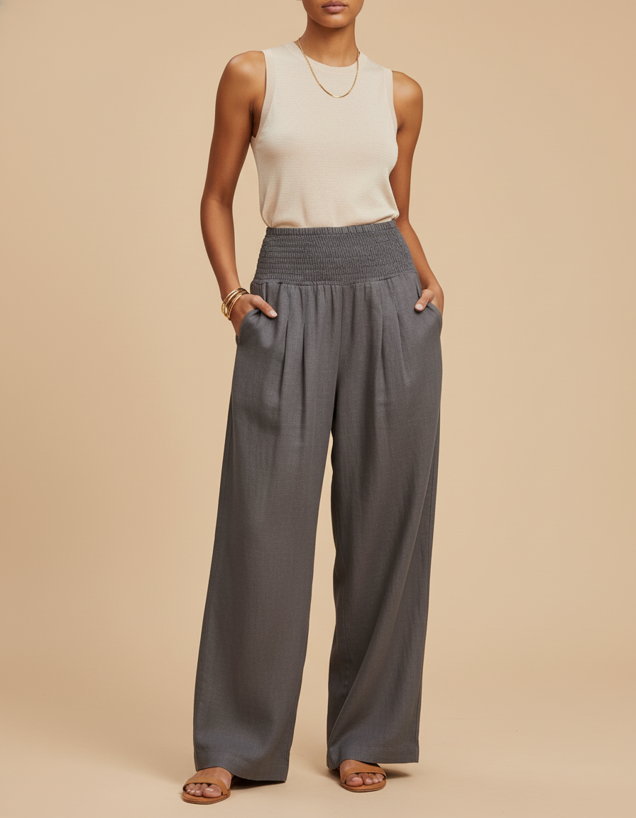Pantalon Baggy Gris Ample Smocké Fluide Femme - Lin